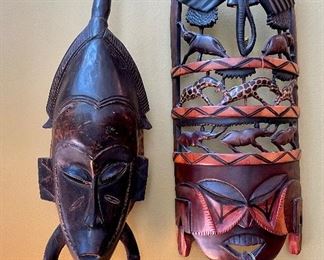 SOLD $50 - African “kodal mask” (as is) (left); $40 - African mask - 8 x 18.5 (right). Minor damage on the BACK of each piece. Front is great!