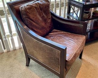 SOLD $800- Pair of leather chairs with wood trim - 27 x 30 x 38