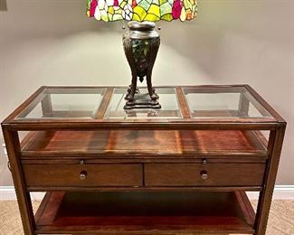$450 - glass top mahogany display table with double drawers and pull out shelves - 46 x 20 x 34.5,