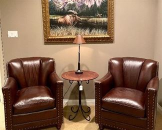 SOLD $1500 - Pair of leather club chairs with nailhead trim (sells new for $2400) - 30 x 30 x 36; $200 - Bistro Table with leather top - 23 x 27; $60 - metal lamp with leather shade - 8 x 26