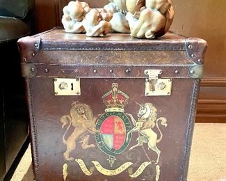 $350 - Leather covered hand painted cube, brass hardware reads Bond Street London, cloth covered interior - 22.5 x 22.5 x 23.5