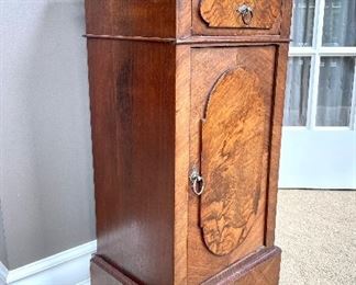 $300 - Antique marble top side table with drawer and door storage - 15.5 x 12.75 x 32 (minor issue with back bottom corners)