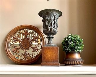$38 - Mirror - 17d ; $180 - Decorative urn on leather wrapped base - 90 x 20; $38 - Faux Greenery - 80 x 11 (2 available of each)