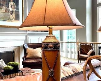 SOLD $200 - Pair of decorative lamps with a faux suede shade and leather base - 17d x 32h