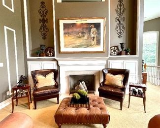 $3800 - Pair of leather wingback chairs with nailhead trim by Paladin (sell new for $4800) - 30.5 x 31 x 42; $150 - Pair of custom pillows - 24 x 16; $150 (each)- End Table with Pullout Writing Surface - 16 x 14.5 x 26;