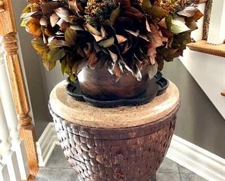 $180 - African Drum Table with Drawers - 25 h x 22 d; $200 - floral arrangement