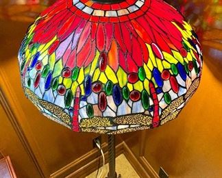 SOLD $500 - Dragonfly slag glass floor lamp with double bulb, excellent condition - 21d x 65