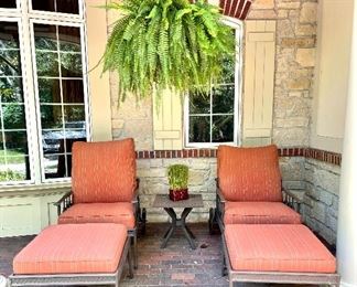 SOLD $600 - Pair of 2 Bronze Aluminum Recliners with Ottomans - 32.5 x 43.5 x 44 (chairs x2), 28 x 19.5 (ottoman x2); $50 - Square outdoor table - 20 x 20 (condition report - damage on the cushions)