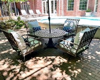SOLD $1400 - 6 piece espresso aluminum outdoor patio set; include 4 chairs with white cushions and navy throw pillows, table, and umbrella - table 48d x 24, chair 30 x 32 x 37.5, umbrella 9ft