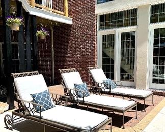 SOLD $250 (each) - Espresso aluminum chaise lounger with cushion and throw pillow - 29.5 x 82 x 42