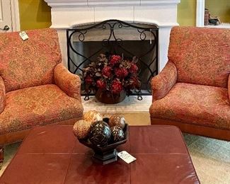 (SOLD $1000 - Pair of Upholstered Chairs for Plunkett Furniture - 32.5 x 36 x 38); $120 - silk floral arrangement in cooper planter; $200 - iron fireplace screen - 44 x 34; $48 - vase with 8 decorative balls