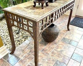SOLD $350 - Marble Tile Metal sofa table - 48 x 19 x 29; $60 - ceramic flower vase urn