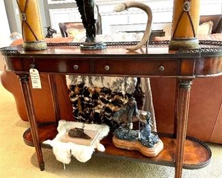 $850 - Beautiful Theodore Alexander 2 drawer console table - 54 x 15 x 35; $28 - rabbit hive - 18 x 20