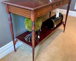 $400 - Beautiful Wood Table with faux drawer - 49.5 x 19.75 x 32; $68 - Decorative box hand painted, velvet lined - 18 x 8; $20 - Large faux greenery ball with stand, $16 small faux greenery ball with stand