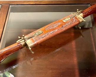 $76 - Vintage Carving Set, Brass hilts and case bands, hand carved, rosewood handles and case