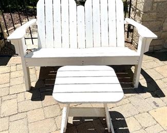 $340 - While polywood andirondack loveseat (sells new for $569) - 53 x 33 x38; $80 - Adirondack end table - 18 x 19 x 18