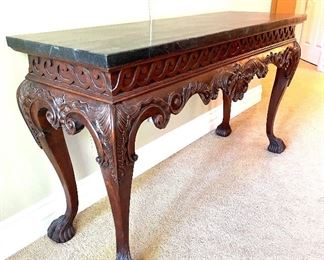 SOLD $1500 - Hand carved Console Table with stone top and clawed feet - 60 x 20 x 34.5