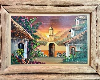 SOLD $68 - Pair of Mexican village scene hand painted on tile with rustic wood frame -