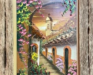 SOLD $68 - Pair of Mexican village scene hand painted on tile with rustic wood frame