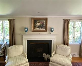 Custom Upholstered Bergeres, Ginori Urns.    Please note the rug in this picture is not for sale