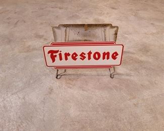 Vintage original Heavy Metal Painted 2 signs tire advertising stand. Condition is Good. 5" by 13"
