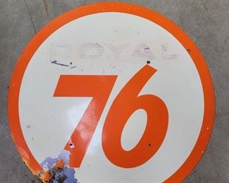 Vintage original Union 76 Porcelain 1 sided Sign. It is 59" in diameter and in good condition with 6 pits and several chips around the edges.