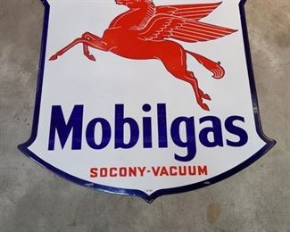 An original1946 Mobilgas Socony Vacuum Porcelain Shield 2 - sided Sign that measures 56" by 58". It is in very good condition with one stain and 1 pit. It's almost perfect.