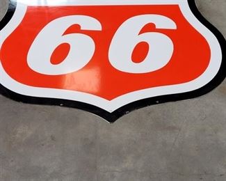 An original vintage Phillips 66 Porcelain 2-sided sign shield that dates to 1966. It is in very good condition and measures 70" by 70"