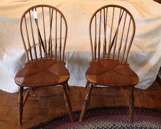 Antique English Windsor brace back chairs with rush seats