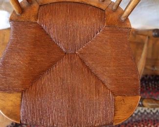 Antique English Windsor brace back chairs with rush seats