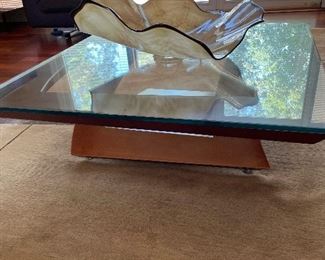 42" square wood base, glass top coffee table