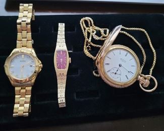 Citizen and Seiko ladies watches, Vintage Elgin gold filled pcoket watch and chain