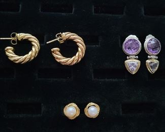 David Yurman 18k gold and pearl infinity earrings, Yurman 18k gold hoop earrings, Yurman 18k and .925 silver amethyst earrings