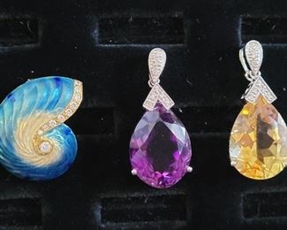 18k gold diamond enamel shell enhancer, 14k gold diamond enhancer pendants with citrine and amethyst