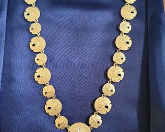 Gorgeous 14k gold and diamond sand dollar necklace, heavy custom.