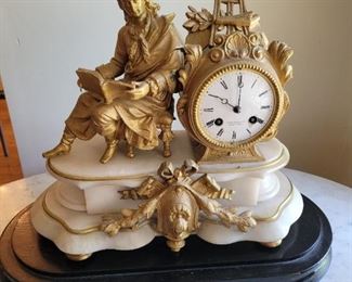 Antique French mantle clock gilt and marble P.R. Paris late 1800s w/ key 