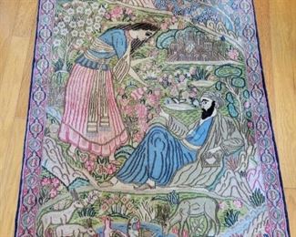 Hand woven rug with couple with wine scene Iran