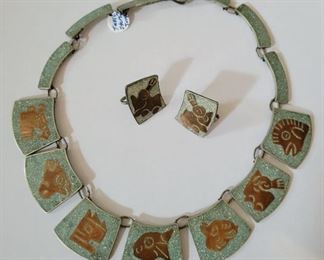 Vintage sterling copper silver Mexico necklace earrings