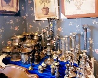 Silver plated candle sticks and urns 