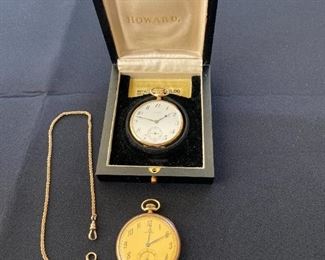 14K Gold E. Howard 17 jewel, Carvel model pocket watch from  1915 and a 14k Gold 15 jewel Waltham Colonial Series pocket watch from 1919 along with a 12K watch chain 