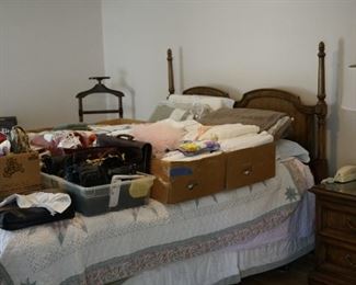 Queen bed and nightstand, bedding, linens and more