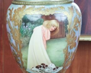 Monumental Sevres Urn, Young Woman and Puppies Painting
