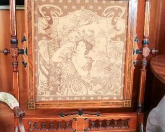 Gorgeous Victorian Fire Screen with Loomed Art Nouveau Fabric