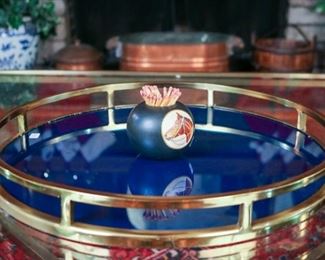 Brass and Cobalt Glass Serving Tray