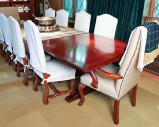 Custom made French style Mortuary Table. Eight Spanish Style Chairs, Two Ralph Lauren Leather Armchairs