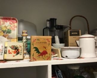 Kitchen hallway -  Rooster coffee canister, vintage white metal pieces, trays, and more