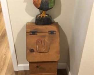 Entryway off garage - Wood storage bin with drawers + wooden rooster