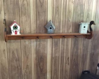 Garage -  Shelf with duck on each end - 3 different bird houses