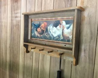 Garage -  Decor with rooster & chickens - can hold coats, umbrella, miscellaneous 