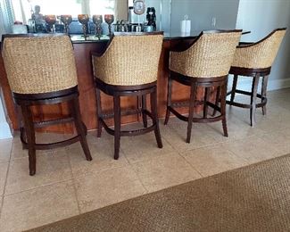 4 Frontgate (28” seat height) swivel, barstools with linen fabric & woven  backs